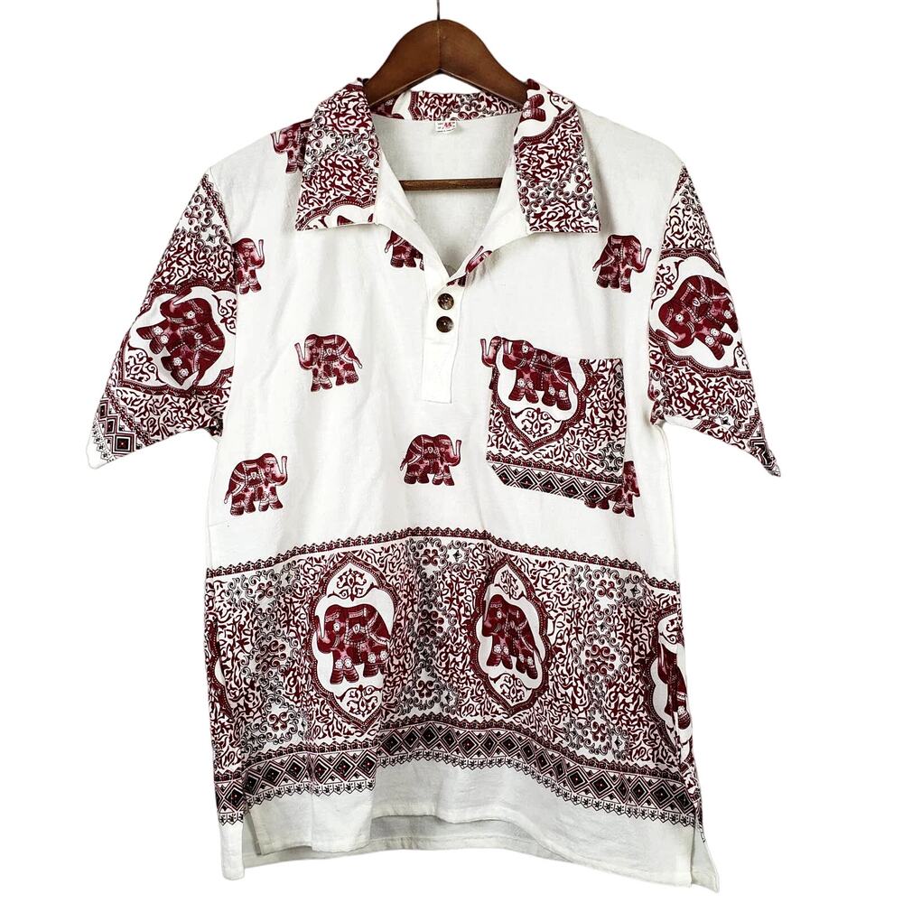 Elephant Print Cotton Blouse Top Pocket Short Sleeve Casual Cute Eclectic - 44